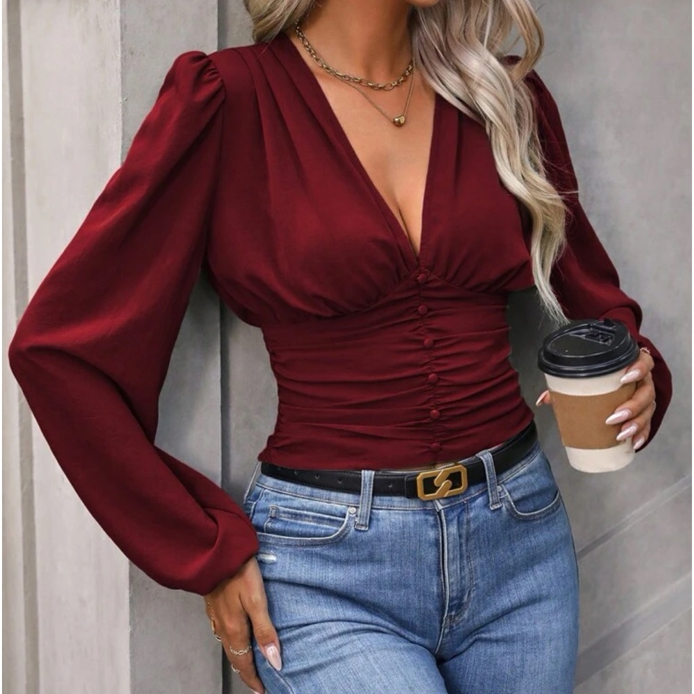 Boho Ruched Smocked Deep V Neck Long Cuff Sleeve Crop Top Blouse Shirt Burgundy - Picture 1 of 9